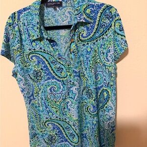 Jones New York Women's Paisley Button Down Shirt - Blue and Green